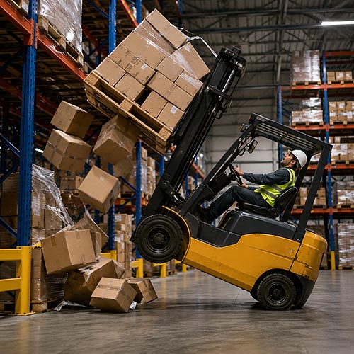 Forklift hazards and risk control during unsafe load handling as unstable boxes fall from an overloaded forklift in a warehouse.