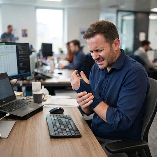 Office worker holding wrist in pain at desk, a sign of repetitive strain injury at workplace.