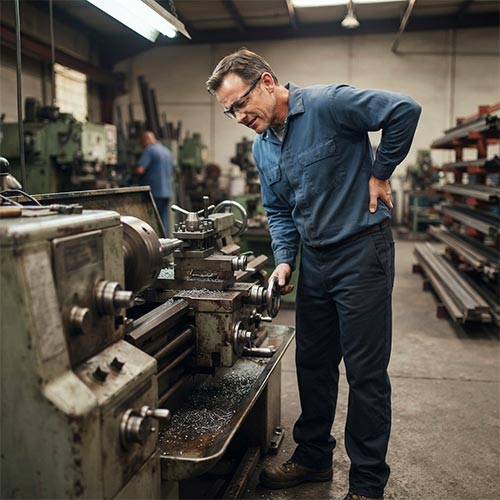 Machinist holding lower back in pain beside lathe, showing repetitive strain injury at workplace.