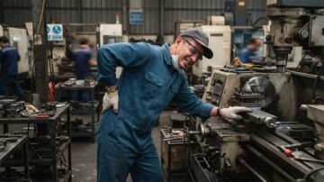 Factory worker holding lower back in pain, showing repetitive strain injury at workplace.