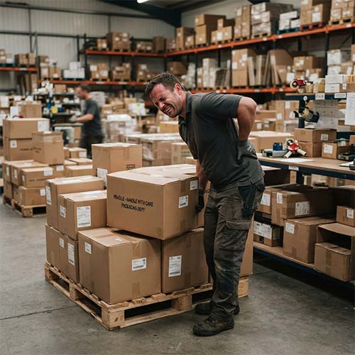 Warehouse worker holding back in pain while lifting boxes, showing repetitive strain injury at workplace.