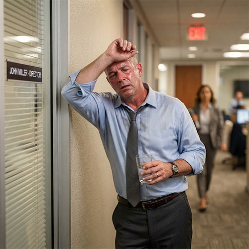 Senior office employee wiping sweat from forehead, showing indoor heat stress awareness symptoms.