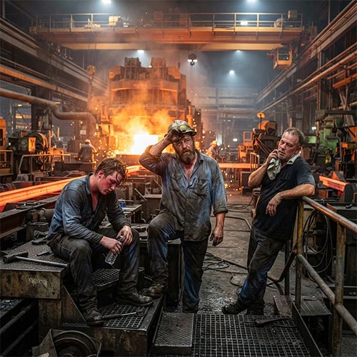 Steel mill workers resting near furnace, showing heat stress awareness in an industrial workplace.
