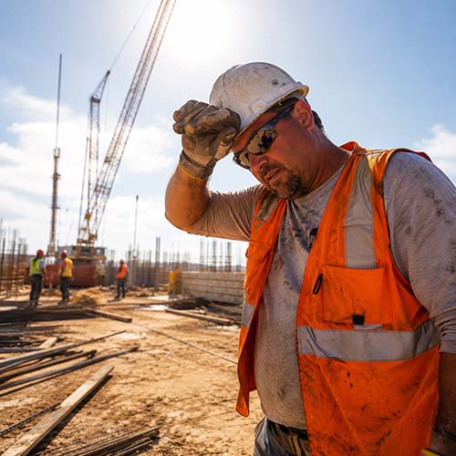 Construction worker adjusting hard hat, showing heat stress awareness symptoms on outdoor site.
