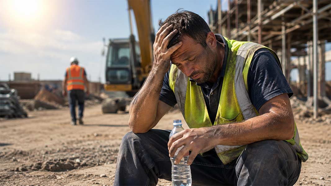 Construction worker showing heat stress awareness signs, sitting exhausted with water bottle on job site