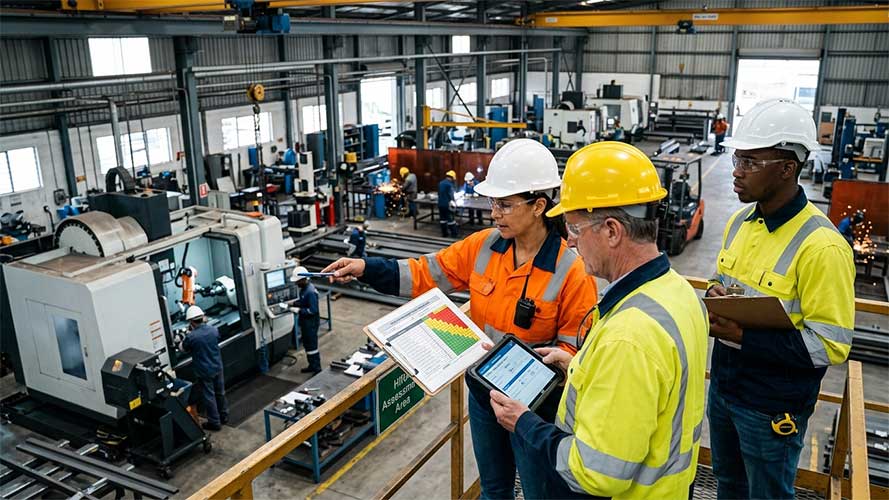 HSE team conducting HIRA in the workplace using a risk matrix and checklist on a manufacturing factory floor.