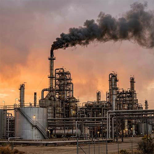 Industrial oil refinery emitting smoke, illustrating fire and explosion hazards assessed during HIRA in the workplace.