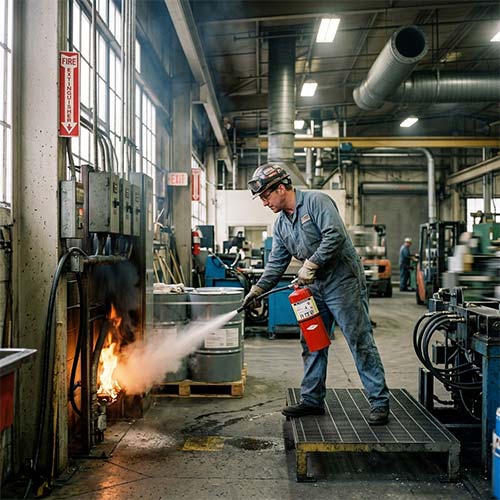 Worker using a fire extinguisher on a workshop floor fire, demonstrating fire hazard control in workplace safety.