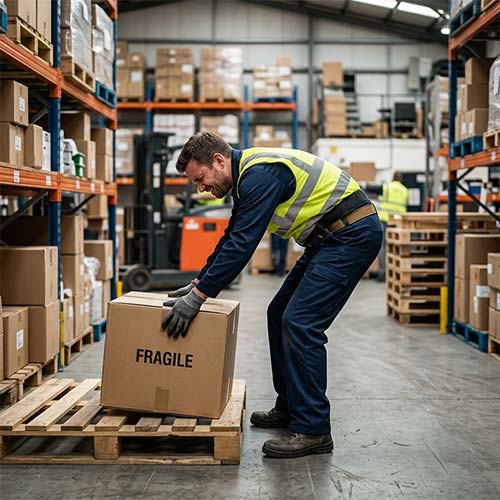 Warehouse worker manually lifting a fragile box with poor posture, representing ergonomic hazards in HIRA in the workplace.