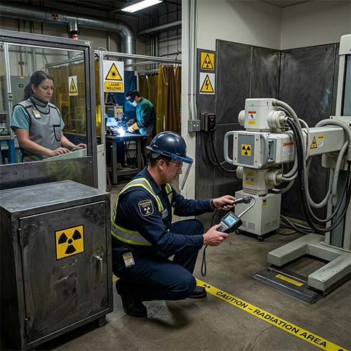 HSE professional measuring radiation levels near X-ray equipment in an industrial facility during workplace hazard assessment.