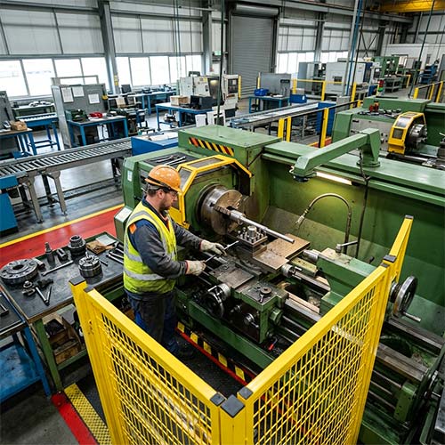 Worker operating a lathe machine with safety guards in a manufacturing facility, representing mechanical hazards in HIRA.