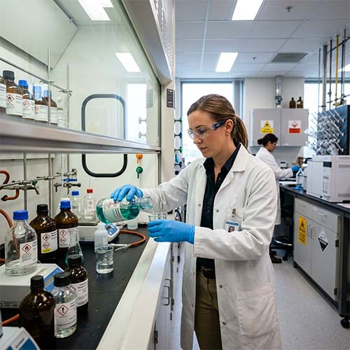 Female lab technician handling chemical substances with PPE in a laboratory, illustrating chemical hazard assessment.
