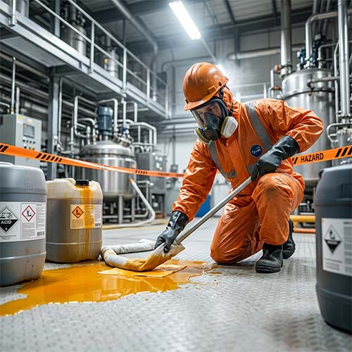 Worker in full protective suit cleaning up a chemical spill in an industrial facility, demonstrating chemical hazard control.