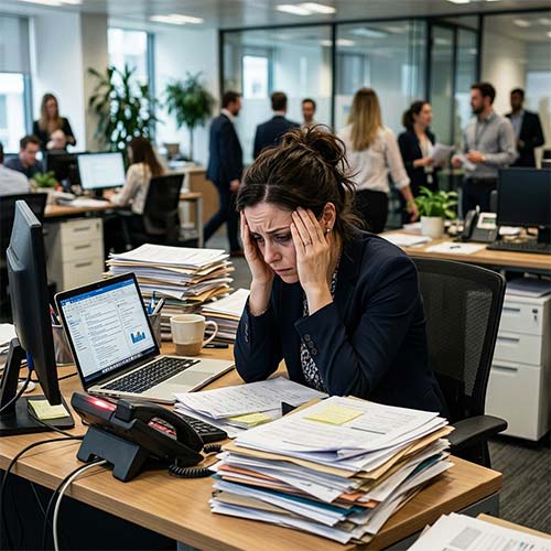 Stressed office worker overwhelmed with workload, representing psychosocial hazards identified during HIRA in the workplace.