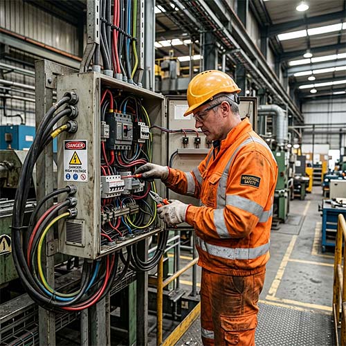 Electrician in PPE working on a high voltage electrical panel in an industrial setting, illustrating electrical hazard assessment.