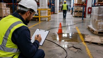 Safety officer conducting a slip, trip and falls risk assessment near a warehouse spill hazard.