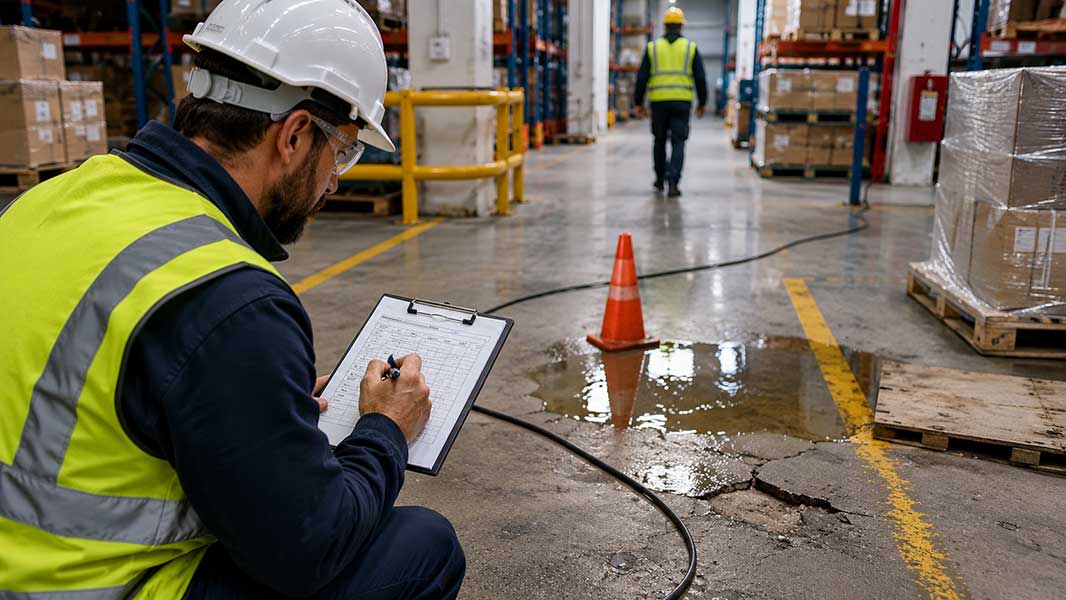 Safety officer conducting a slip, trip and falls risk assessment near a warehouse spill hazard.