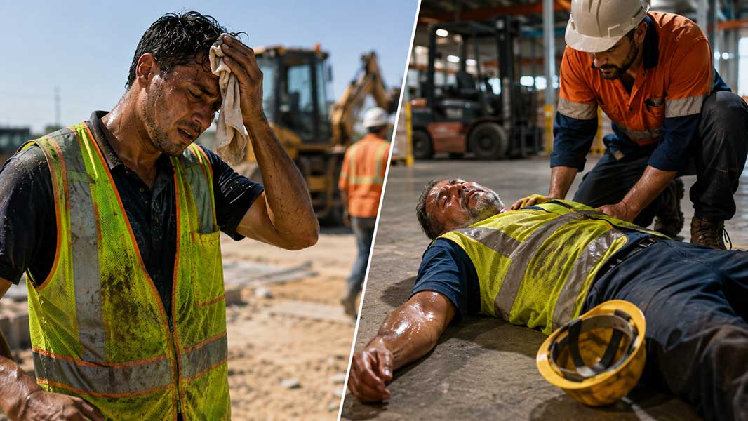 Heat stress vs heat stroke comparison construction worker sweating outdoors, collapsed worker receiving first aid indoors.