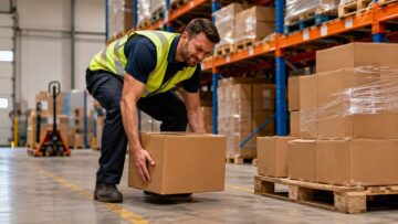 Warehouse worker bending awkwardly while lifting a box, demonstrating a manual handling hazard.