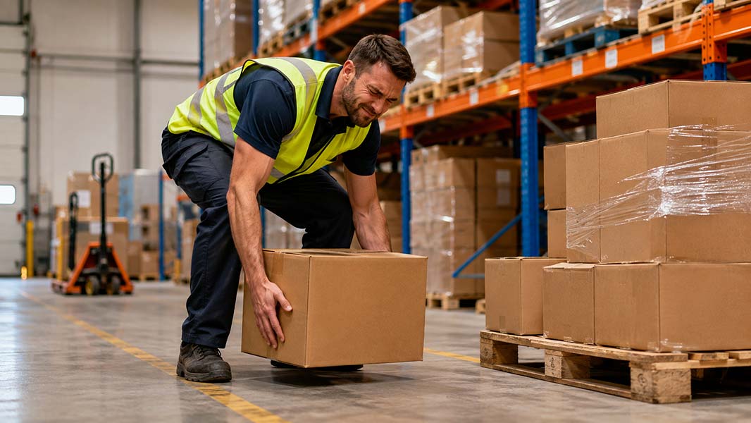 Warehouse worker bending awkwardly while lifting a box, demonstrating a manual handling hazard.