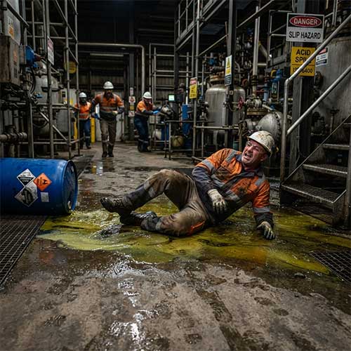Slip, trip and fall hazards in industrial plant where worker down near chemical spill and slip hazard sign.