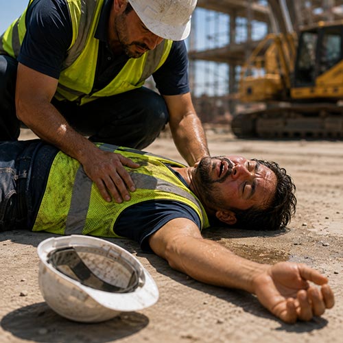 Construction worker collapsed from heat stroke while coworker checks his condition on-site.