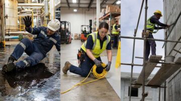 Workplace slip, trip and fall hazards for oil spill slip, warehouse cable trip risk and scaffolding fall hazard.