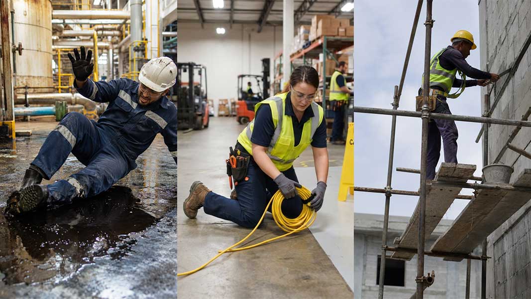 Workplace slip, trip and fall hazards for oil spill slip, warehouse cable trip risk and scaffolding fall hazard.