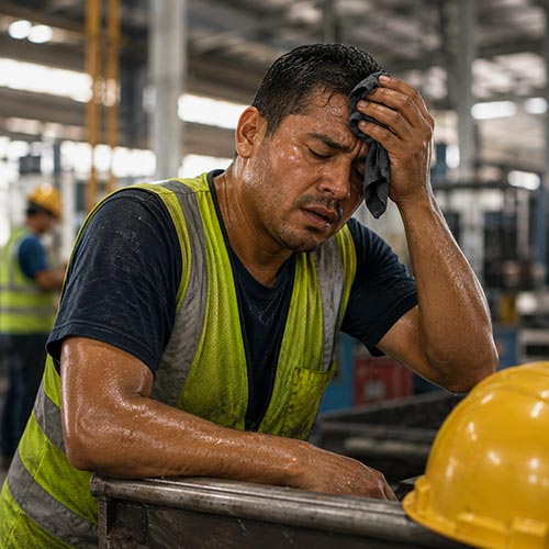 Warehouse worker experiencing heat stress, wiping sweat from forehead during a shift.