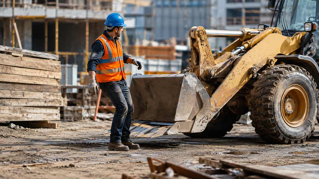 Construction worker guiding a wheel loader bucket, illustrating line of fire hazards on a job site.