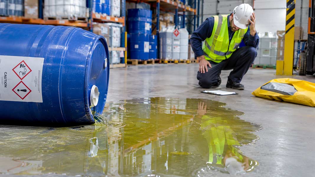 Worker inspecting chemical hazard spill from leaking drum in warehouse with GHS label.