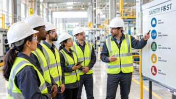 Supervisor explaining health and safety culture rules to workers wearing hard hats and vests in a factory.