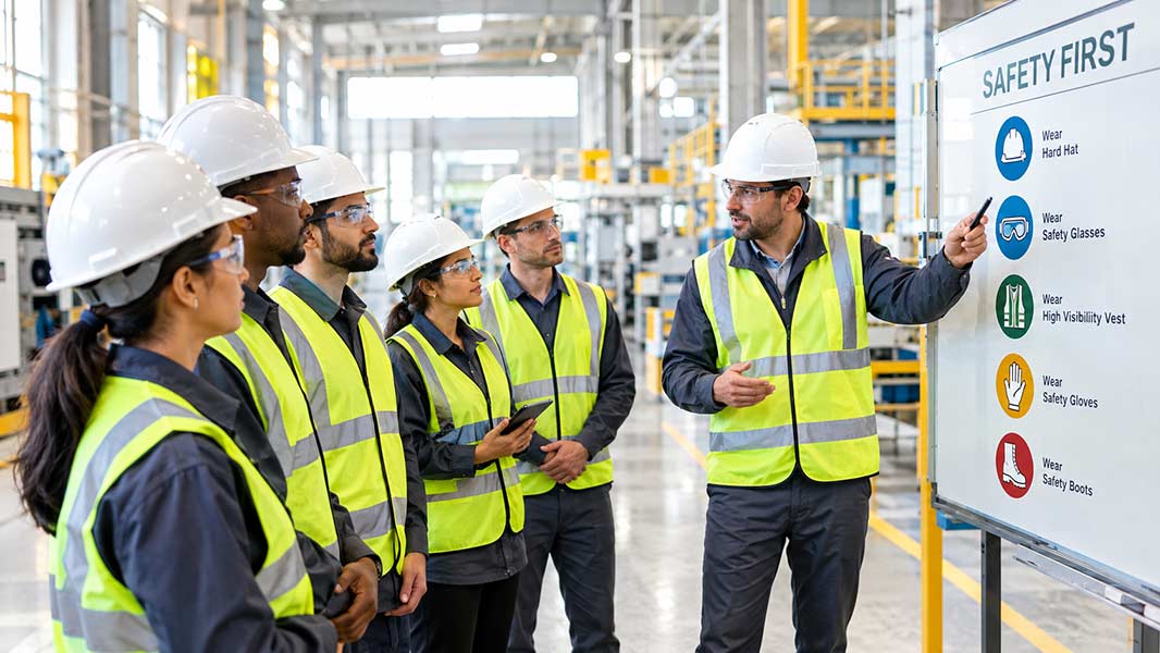 Supervisor explaining health and safety culture rules to workers wearing hard hats and vests in a factory.