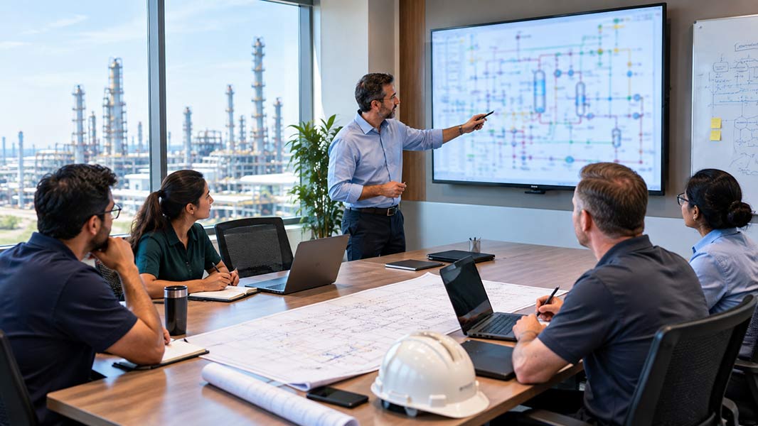 Engineer leading HAZOP study team review of P&ID diagram in plant meeting room.