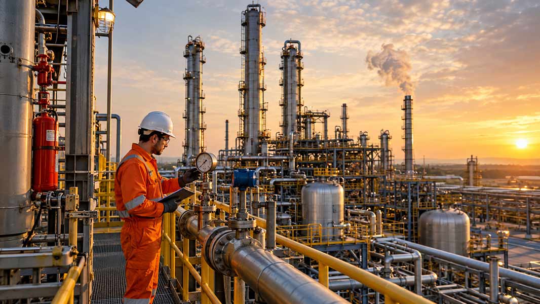 Safety engineer inspecting pressure gauge at refinery for Risk Based Process Safety.