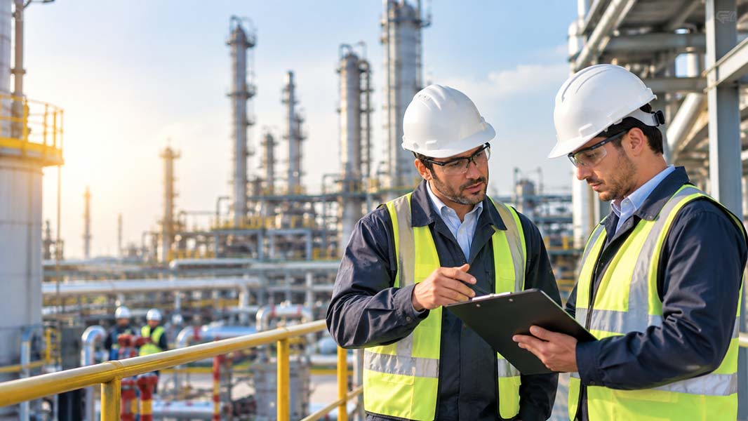 Two engineers reviewing Process Safety Management procedures on a clipboard at an industrial refinery.