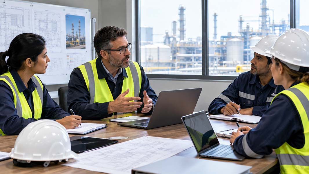 Safety team reviewing an HSE policy in a meeting room overlooking an industrial plant.