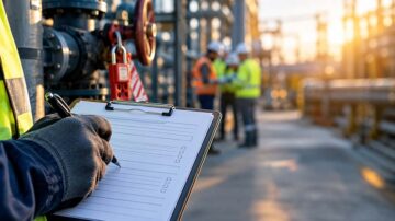 Worker in gloves completing a permit to work checklist beside a locked-out valve at an industrial site.