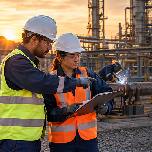 Two workers in hard hats reviewing a permit to work form while a welder works on a pipeline behind them.