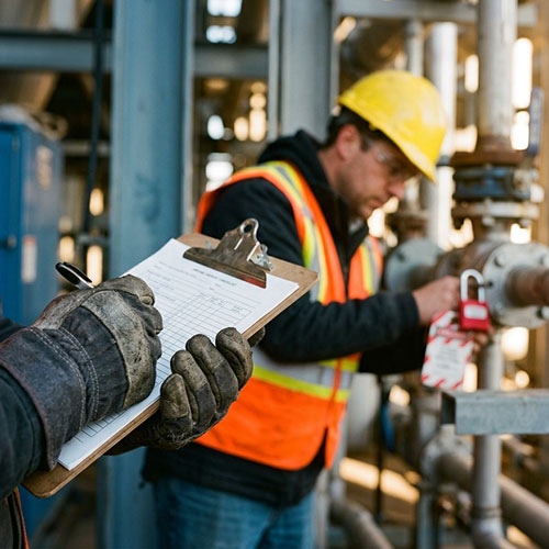 Worker checking a lockout padlock on a pipe valve while a colleague holds a permit to work checklist.