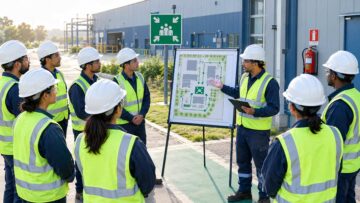 HSE team lead explaining an emergency response plan and evacuation map to workers at an assembly point.