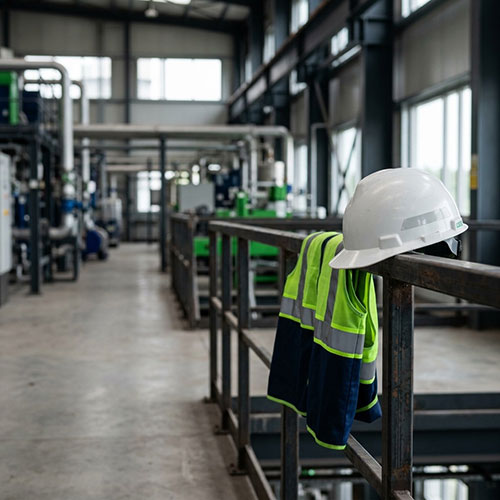 Hard hat and safety vest hanging on a railing in an industrial plant, showing why an emergency response plan matters.