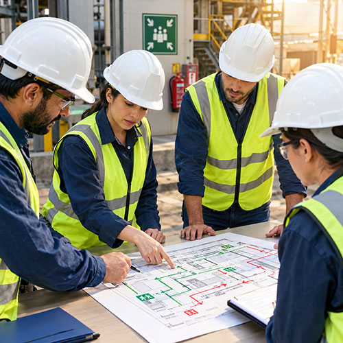 Safety team reviewing a floor plan with exit routes while planning an emergency response plan drill.